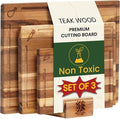 Teak Wood Cutting Board Set of 3 w/Stand, Deep Juice Groove, Solid Hardwood Non-Toxic & Knife Friendly Boards, Small Medium Large Sizes for Kitchen Meat, Veggies & Cheese by New M Way