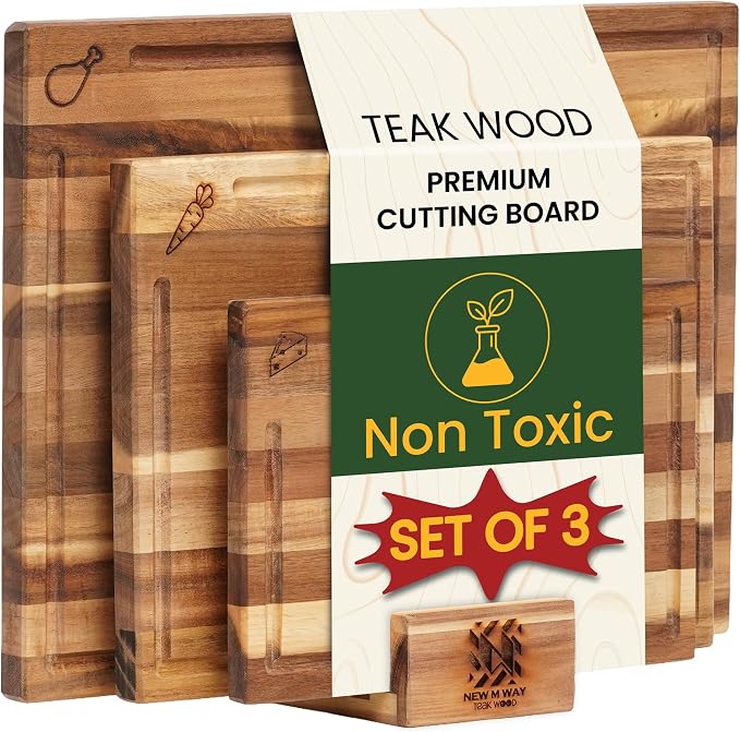 Teak Wood Cutting Board Set of 3 w/Stand, Deep Juice Groove, Solid Hardwood Non-Toxic & Knife Friendly Boards, Small Medium Large Sizes for Kitchen Meat, Veggies & Cheese by New M Way