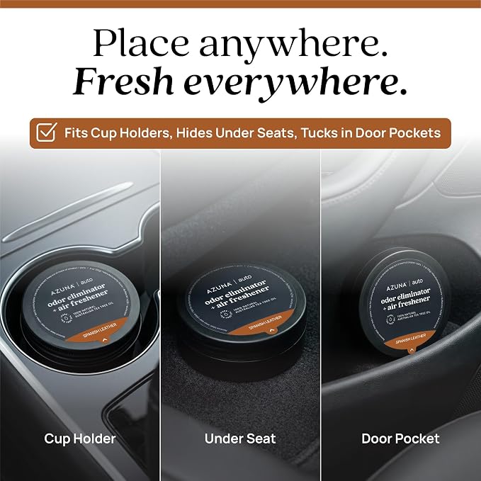 Azuna Car Air Freshener & Auto Odor Eliminator Pods Trio | Spanish Leather | Plant Powered by 100% Australian Tea Tree Oil | Long Lasting and No harsh chemicals | Made in USA | 3 Pack of 2oz Pods