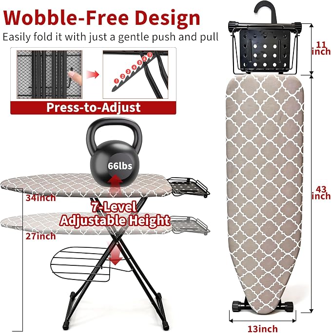 Ironing Board, 43"×13" with Iron Rest, 7 Adjustable Height & Clothes Shelf | Iron Board with Bulit-in Hook and Hanger Bar, 4 Layer Heat Resistant Cover and Pad for Home Apartment Dorm Laundry Room, Gray