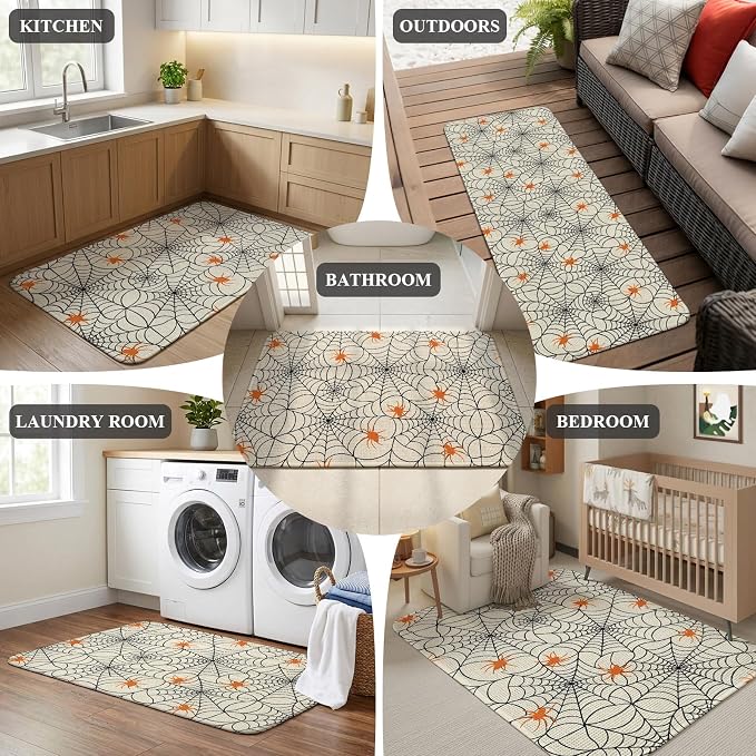 Small Door Mat Indoor Outdoor 15.7"x23.6",Halloween Absorbent Non Slip Entry Rug,Black Net Classic Spiders Gingham Orange Rustic Low Profile Welcome Mat for Front/Side Door Apartment Entrance Bathroom