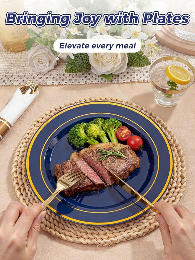 WDF Partyware 350PCS Navy Blue and Gold Plastic Plates with Rolled Napkins Include Dinner Plate 10’’, Dessert Plate 7’’, gold Cups 9 OZ, Pre Rolled Napkins for Birthday/Wedding/Party