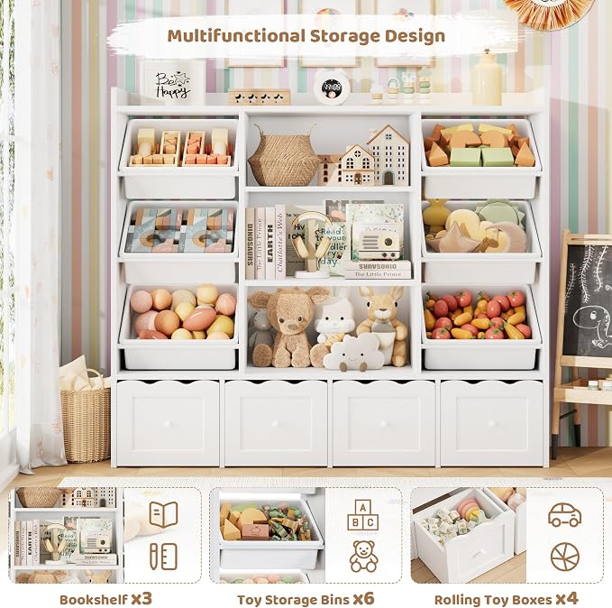 HITHOS 55" W Kids Toy Storage Organizer with 10 Toy Box & Book Shelf, White | Large Toy Organizers and Storage with Kids Bookshelf & 6 Plastic Toy Chests & 4 Movable Drawers for Kids Room, Playroom