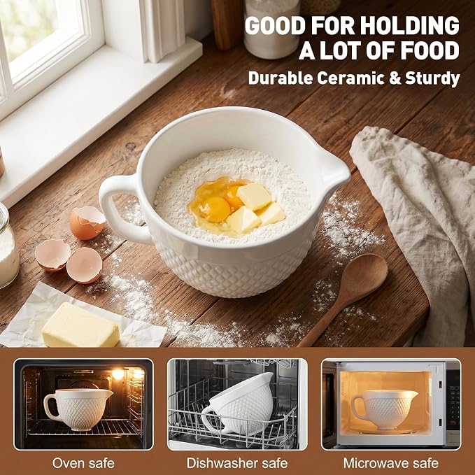 COFUN Ceramic Mixer Bowl for KitchenAid 4.5-5 Qt Tilt-Head Stand Mixers | Mixing Bowl with Handle & Pour Spout, Oven/Microwave/Dishwasher Safe