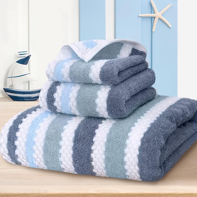 VOOVA & MOVAS Waffle 3PC Towel Set, Cotton, Blue Gray White | Large Bath 30x56 In, Hand 16x27 In, Wash Cloths 13x13 In, Quick Dry, Thick, 540GSM, With Hanging Loops