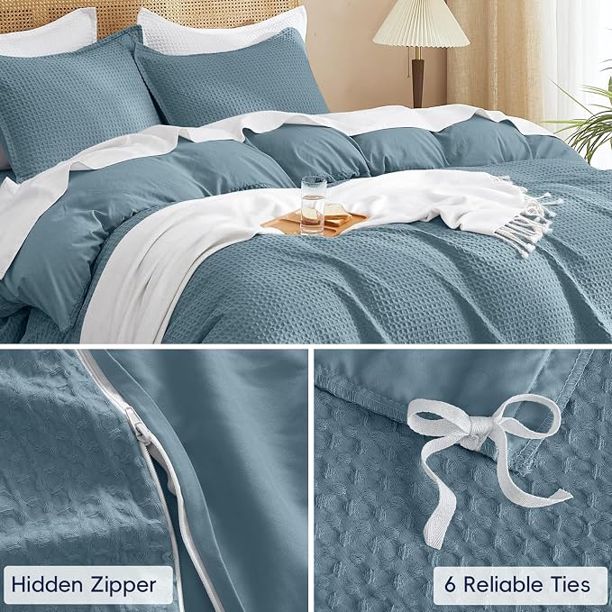 PHF Waffle Duvet Cover Set Queen Size, No Snagging Ultra Soft Luxury Textured Breathable Comforter Cover for All Season 3pcs, Durable Bedding Duvet Set with 2 Pillow Shams, 90"x90", Stormy Blue