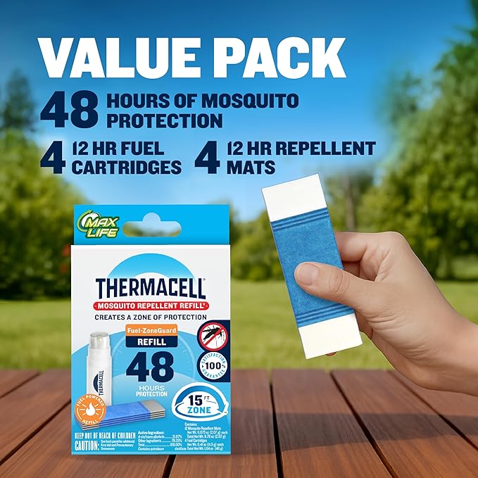 Thermacell Fuel-ZoneGuard Mosquito Repellent Max Life Refill; 15FT Zone of Scientifically Proven Outdoor Protection; Fuel-Powered; Patio Shield; 48-Hr Refill; Bug Spray Alternative; Scent Free