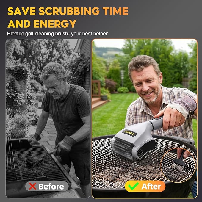 SOARFLY Electric BBQ Grill Brush, 800RPM Grill Cleaner for Outdoor Grill with 2-Speed & 20kg Torque–Last 3.5H, Dual LED Light for Night, No Bristle Drop Safe for Cast Iron Stainless, Gifts for Men Dad