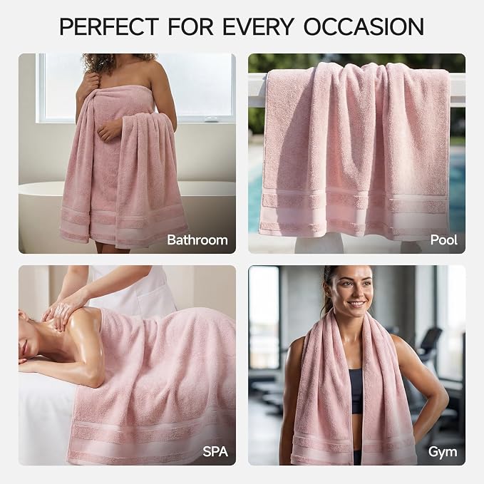 REDKISS 2 Pack Large Bath Towels Set, 100% Cotton, 31x63 in, Heavyweight 760G, Highly Absorbent & Quick Dry, Super Soft Luxury Towels for Bathroom,Hotel Collection - Pink Dark Gray