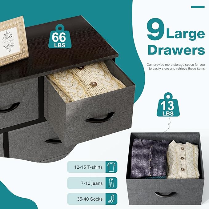 OLIXIS 9 Drawers Storage Organizers Units, Closet Organizers and Storage for Clothes, Fabric Storage Drawer for Living Room, Chest of Dresser in 39.4" D x 11.8" W x 39.9" H, Grey
