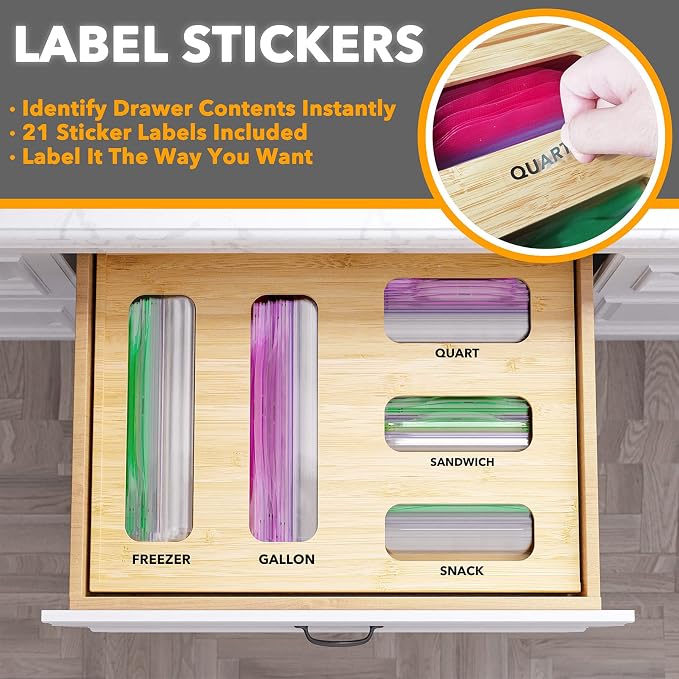 SpaceAid Bag Storage Organizer for Kitchen Drawer, Bamboo Organizer, Compatible with Gallon, Quart, Sandwich and Snack Variety Size Bag (1 Box 5 Slots)