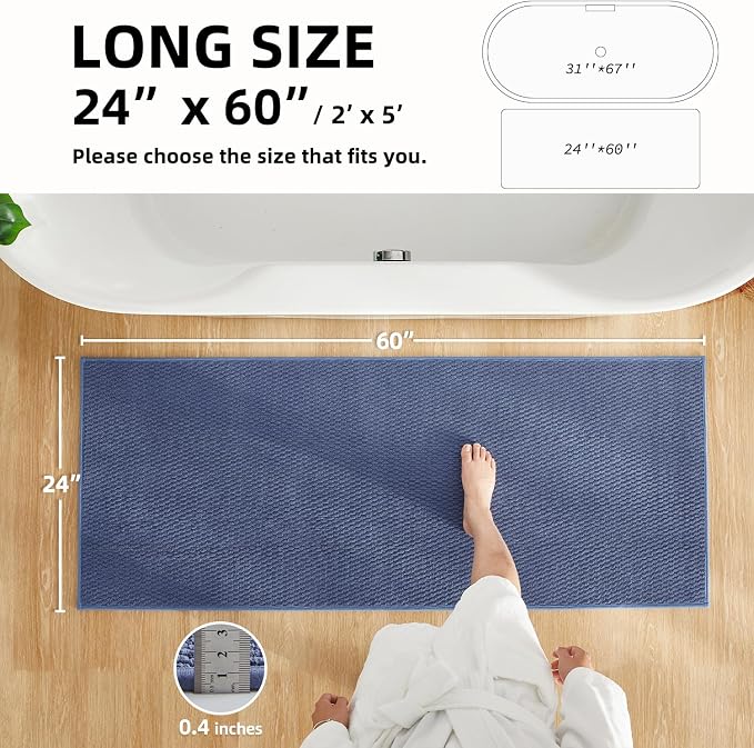 TYUU Bathroom Runner Rug, Long Bath Mat Washable Thin Quick Dry Low Pile Bathroom Runner Rugs 24 x 60 Non Slip, Denim Blue 24"x60"