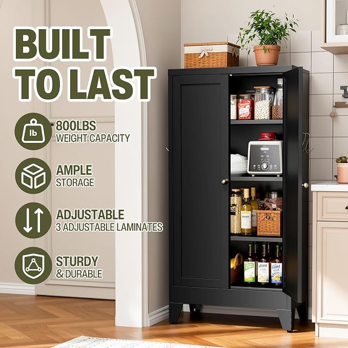 AQY Metal Pantry Cabinet, Black Kitchen Storage Cabinet with Doors | Adjustable Shelves Freestanding Storage Metal Cabinet Kitchen, Dining & Bathroom Organization