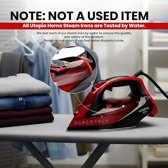 Utopia Home Steam Clothes Iron - 1800W (Black Red) Non-Stick Soleplate | Nonstick Soleplate With Auto-Off Safety Feature - Adjustable Thermostat Control, Variable Steam Control, Self-Clean, 8ft Cord