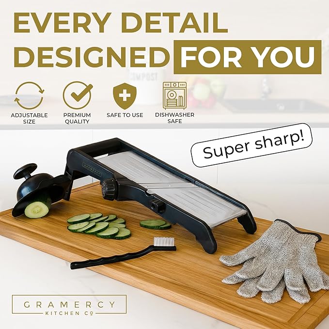 Gramercy Adjustable Mandoline Slicer for Kitchen, Potato Cutter, Vegetable Chopper, Mandolin, Cucumber Slicer- INCLUDING one Pair Cut-Resistant Gloves and Waffle Fry Cutter
