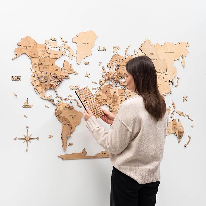 ENJOY THE WOOD 3D Wood World Map Wall Art Large Wall Décor - World Travel Map - Any Occasion Gift Idea - Wall Art for Home & Kitchen or Office (Light, X-Large)