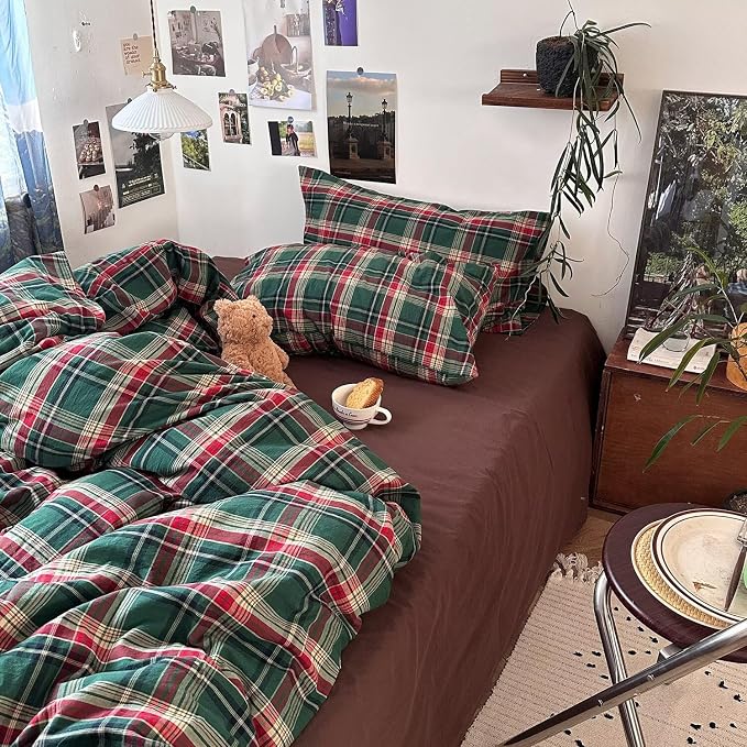 mixinni Vintage Green Buffalo Plaid Washed Cotton Duvet Cover Full - Soft Breathable Textured Bedding Set with Zipper Closure for All Seasons-1 Duvet Cover + 2 Pillow Shams-Full Size
