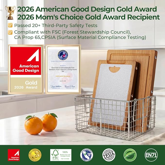 Formaldehyde Free, Glue Free, Bamboo Pure Titanium Cutting Board Set | 6 Usable Sides, Juice Grooves, Non-Slip & Scratch Resistant, Knife-Friendly, Dishwasher Safe, Warp Resistant, Kitchen Gifts