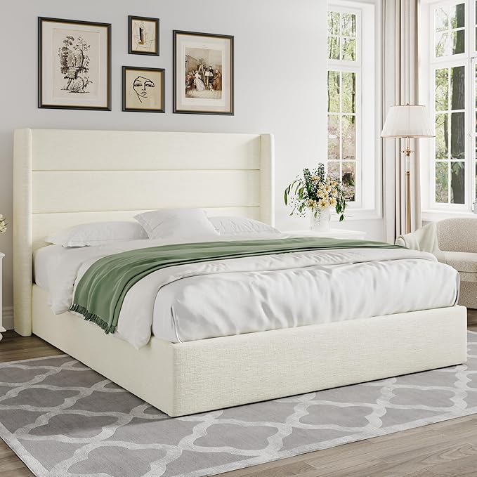 Allewie Full Size Chenille Lift Up Hydraulic Storage Bed Frame Cream White | Chenille Fabric Upholstered, Modern Wingback Headboard, Hydraulic Support Storage, No Box Spring Needed
