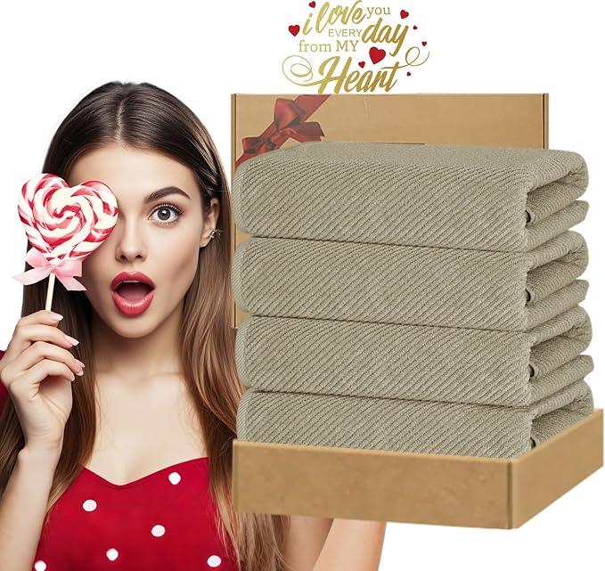 VOOVA & MOVAS Bath Towels 4PC, 100% Cotton, 30x56 in, Dark Beige | Quick Dry, Thick, Soft, Absorbent, Bathroom Essentials, Ideal For Shower, Spa, Household Daily Use
