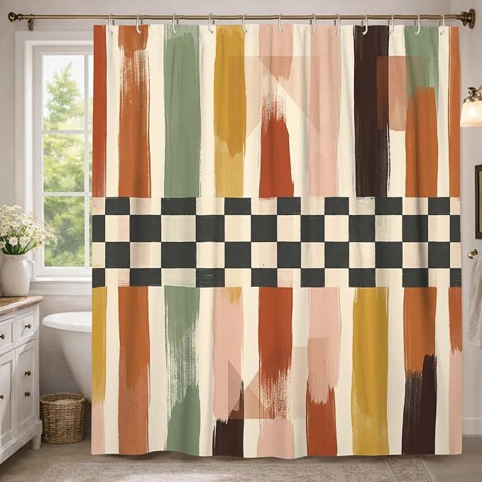 Brush Patterns Extra Long Shower Curtain, Modern Abstract Checkered Stripes Fall Earth Tones Washable with Hooks Design Print Bath Curtains for Bathroom Toile Guest Room Decor 72x96 Inch