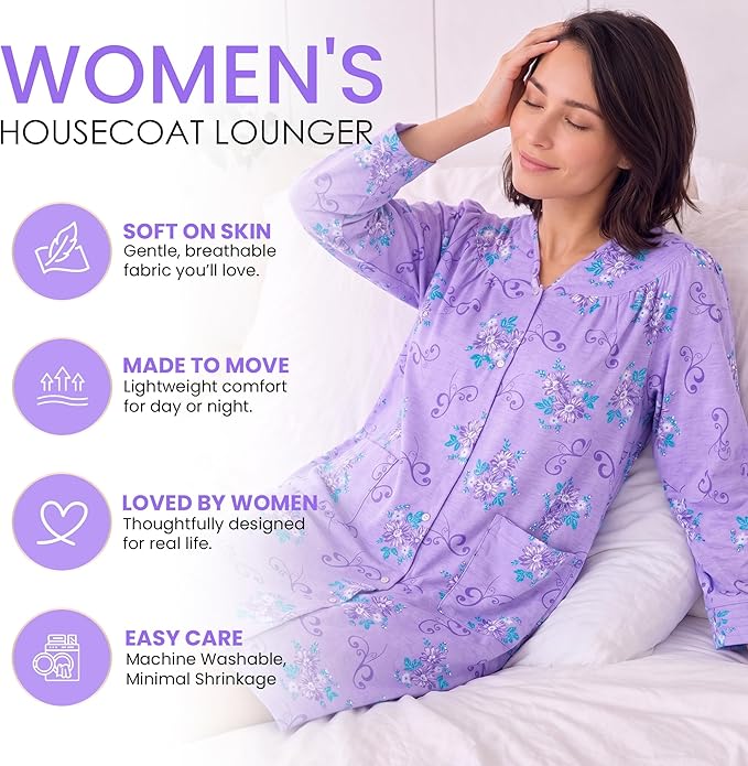 Casual Nights Women's Floral Snap Front Flannel Duster Long Sleeve Lounger Dress