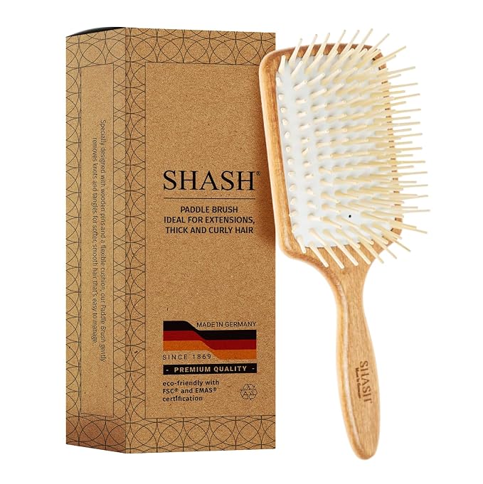 Made in Germany - SHASH Large Paddle Hair Brush, Thick And Curly Hair - Detangler With Long Pins & Rubber Cushion - Helps Detangle Knots, Eliminate Frizz, Reduce Pulling & Snagging