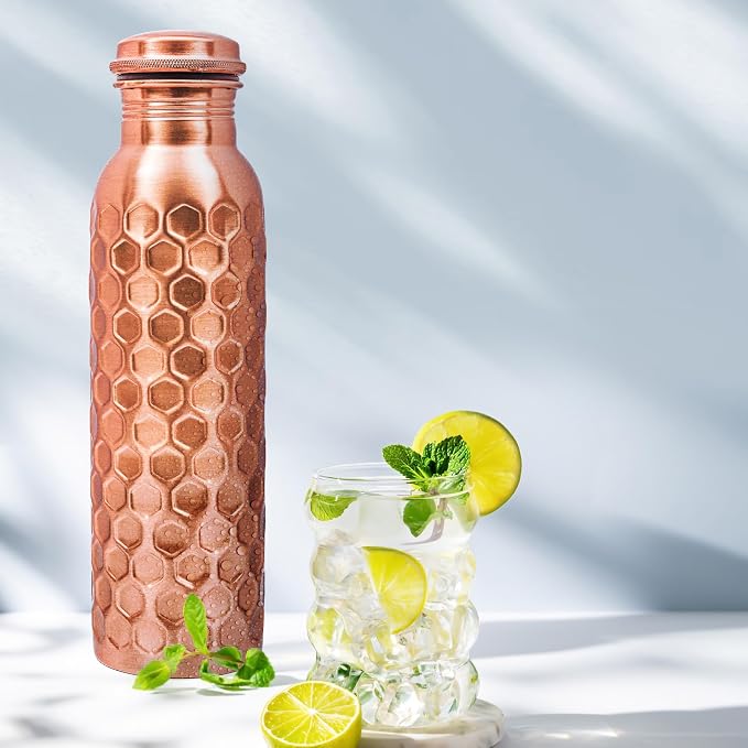 Copper Water Bottle 32 Oz Extra Large, Real Copper Drinking Bottle, Honeycomb Ayurvedic Bottle for Drinking Water, Leak Proof Vessel with Cleaning Brush, Home Office Use