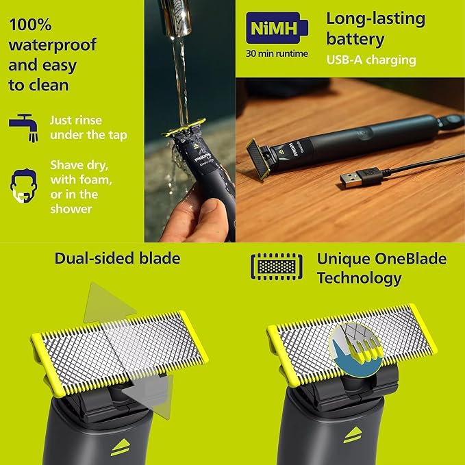 Philips OneBlade Trimmer & Shaver, Trim & Shave Any Length with Extra Skin Protection, Dual-Sided Blade, Waterproof Body Electric Razor, USB Charging, 2 Stubble Combs Included