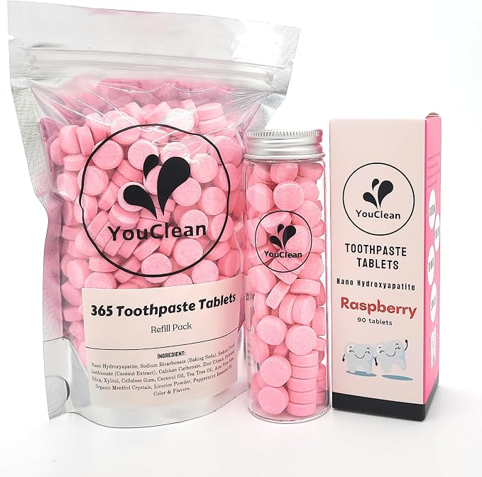 Refill Pack - 365 Toothpaste Tablets - Natural Remineralization & Whitening with Nano Hydroxyapatite - Travel or Daily Use - Fluoride Free (Raspberry)