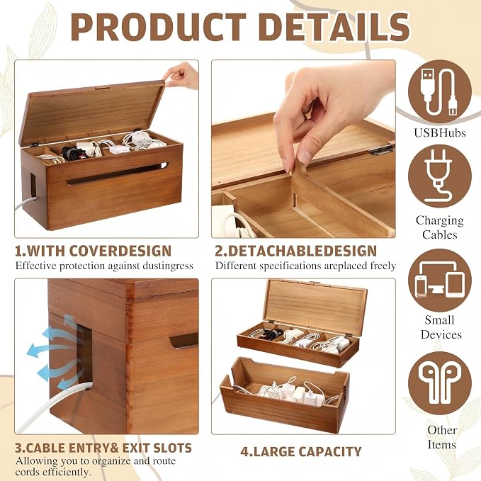 Novabright Double Layer Wooden Cable Management Box Large with Lid Power Strip Cord Organizer Hider for Desk TV Stand Home Office