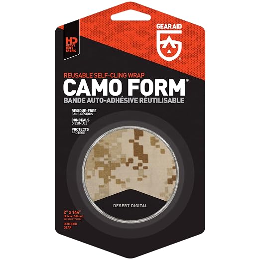 GEAR AID Camo Form Self-Cling and Reusable Fabric Camouflage Wrap, Adds Grip and Shield Hands from Hot or Cold Surfaces to Protect You and Your Equipment, Desert Digital, 2” x 144” Roll, 1 Pack