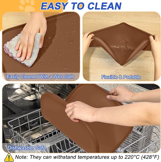 SMILOOL Waterproof Silicone Pet Food Mat with Raised Edge for Dog & Cat | 22" x 14" Non-Slip Pet Feeding Mats with Lip for Food & Water Bowl, Food Grade, Easy Cleaning, Brown