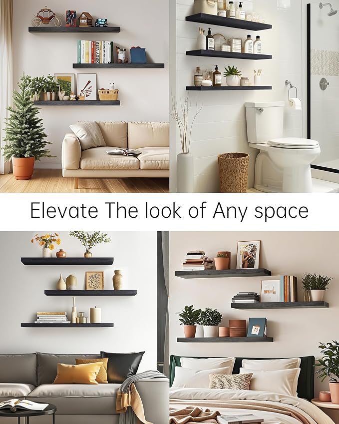 BAYKA Floating Shelves for Wall, Set of 3, 35.4 Inches Long Black Wall Mounted Rustic Wood Shelves for Bathroom, Bedroom, Living Room or Kitchen, for Book/Storage/Decor with 30lbs Capacity