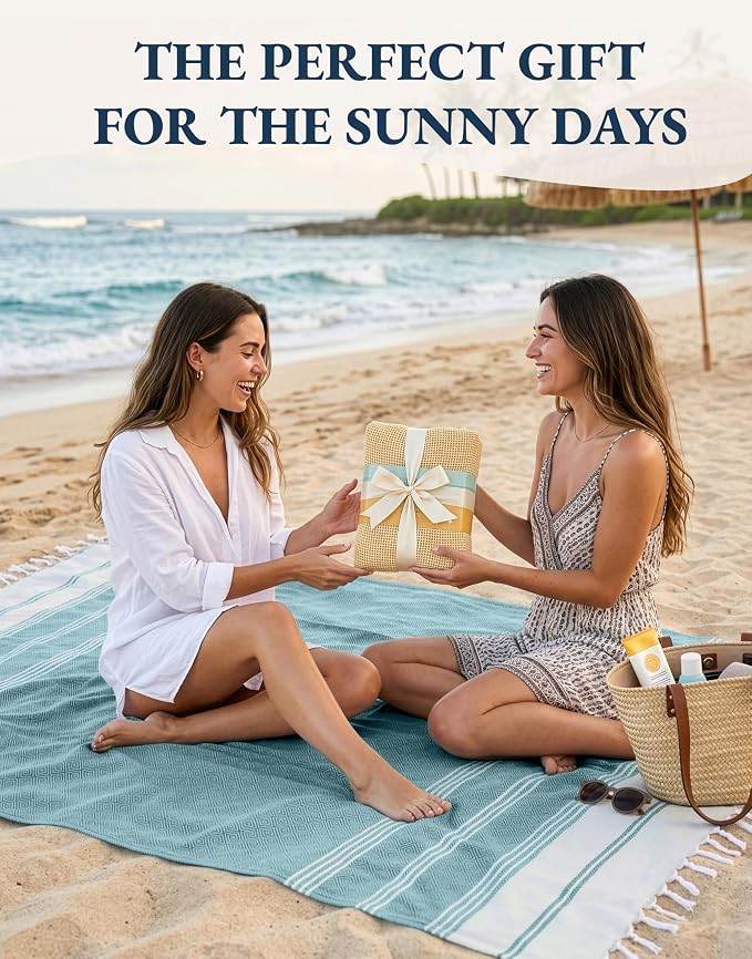 LANE LINEN Turkish Beach Towels, 2 Pack Extra Large Beach Towel - Baltic | Pre-Washed for Soft Feel - Oversized Sand Free Quick-Dry Pool Towel - 39"x71", Vacation Essential, Machine Washable