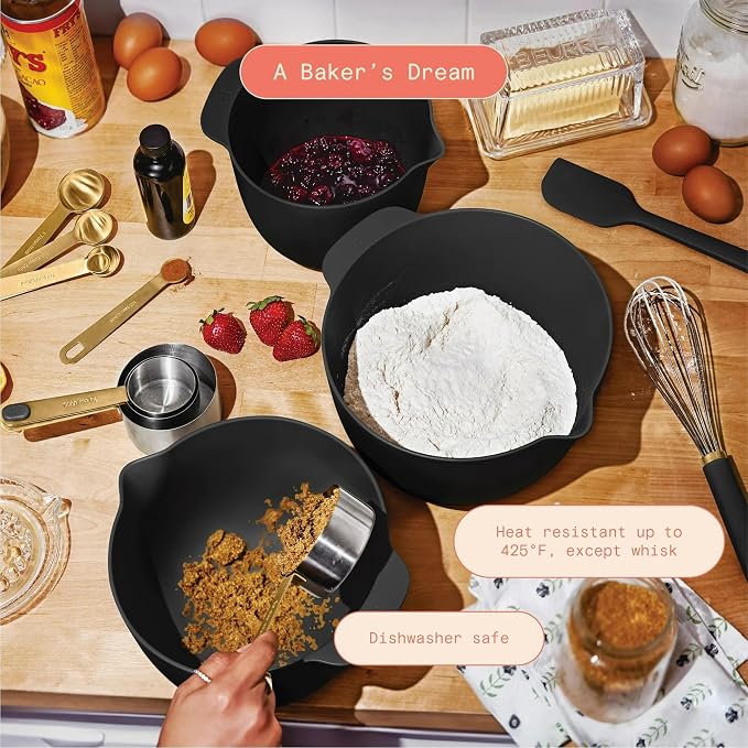 14 Piece Mixing Bowl and Measuring Set, Nesting Kitchen Prep Set with Measuring Cups Spoons Whisk Spatula, BPA Free Dishwasher Safe Baking Set
