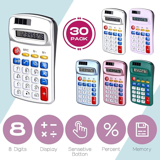 Flutesan 30 Pack Pocket Calculator Small Battery Powered Bulk Mini Size 4 Function Hand Held Basic Calculator for Students Kids School Home Office (Blue, Gray, Red, Green, Purple)