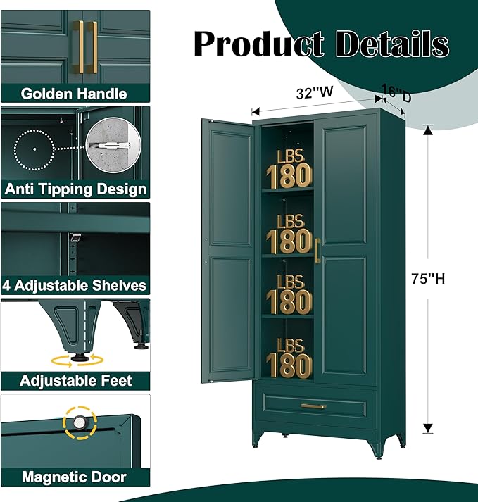 SteeLoong 75" Metal Storage Cabinet with Doors and 3 Adjustable Shelves | Kitchen Pantry Cabinet with Drawer,Green Kitchen Cabinet with 2 Gold Handles,Food Cupboard for Livingroom,Pantry, Bathroom