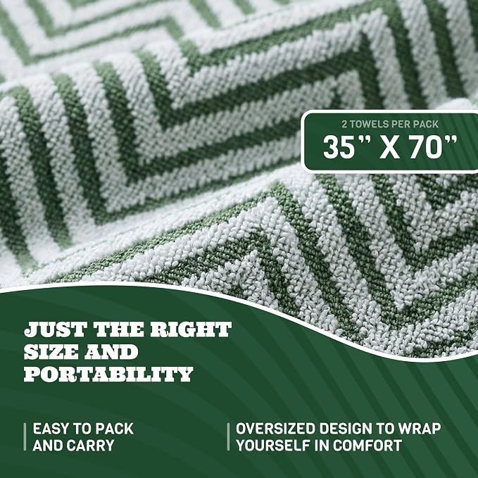 White Classic Cotton Beach Towels Oversized 35 x 70 Inches, Ultra Absorbent and Low Lint Luxury Pool Towels, Chevron Design, Khaki Green, 2 Pack