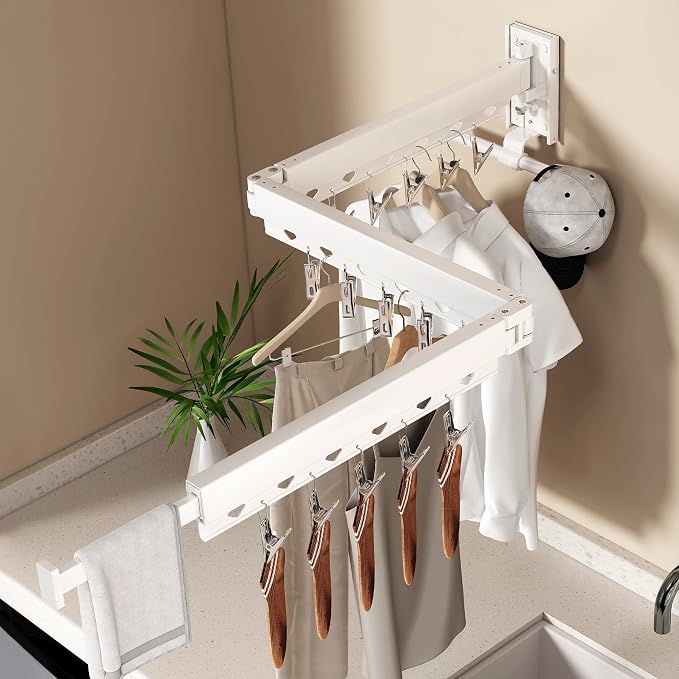 Wall Mounted Collapsible Clothes Drying Rack, Durable Space-Saving Laundry Drying Rack Clothing Hanger, Upgraded with Clips and Windproof Holes