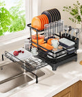 Hanyi 2-Tier Expandable Dish Drying Rack for Counter and Over Sink | Large-capacity rack with foldable upper tier, 15.7-26.4 in over-sink extension, automatic drainage and rust-resistant frame