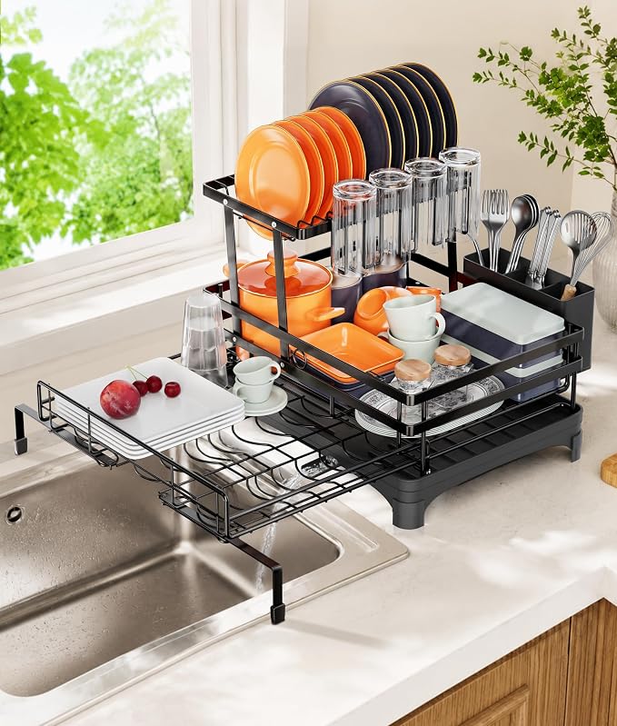 Hanyi 2-Tier Expandable Dish Drying Rack for Counter and Over Sink | Large-capacity rack with foldable upper tier, 15.7-26.4 in over-sink extension, automatic drainage and rust-resistant frame