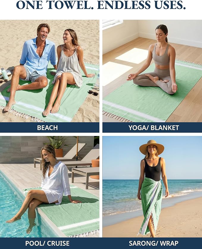 LANE LINEN Turkish Beach Towels, Super Absorbent, Travel Towel - Jade Green | 2 Pack Extra Large Beach Towel - Pre-Washed for Soft Feel - 39"x71", Vacation Essential - Machine Washable, Travel & Camping