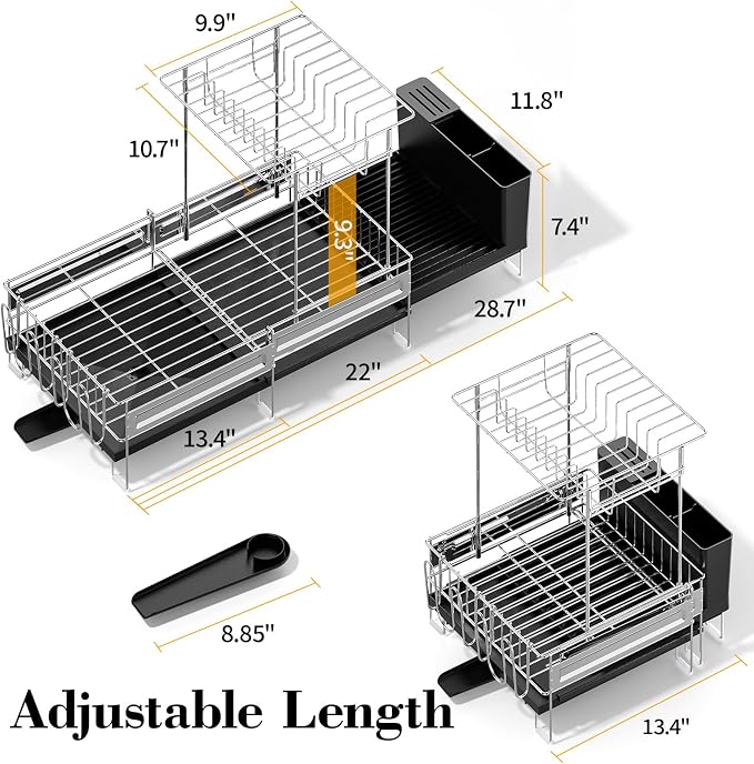 Delamu 2 Tier Dish Drying Rack, Large Dish Racks for Kitchen Counter, Stainless Steel Multifunctional Dish Drainer with Cutlery & Cup Holders, Extendable from 13.4 to 28.7 in, Black