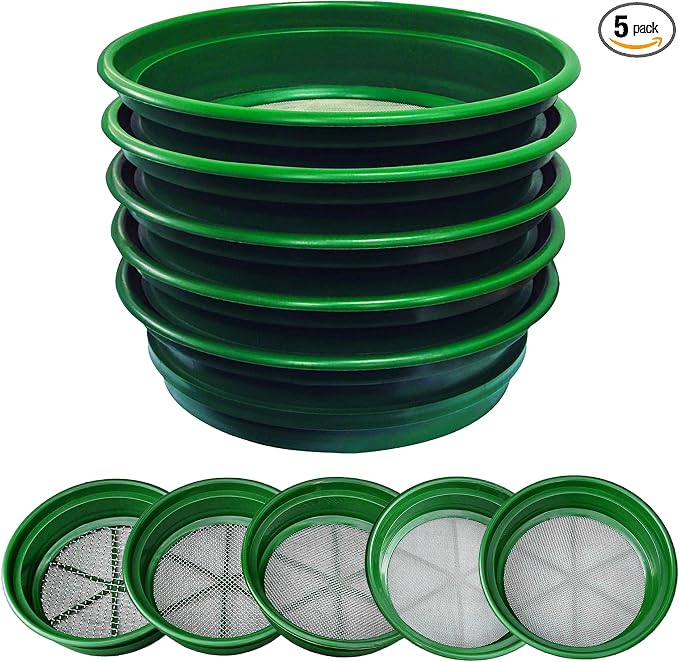 SE 13.25 Inch Wide Stackable Classifier Gold Prospecting Pan Set - Includes 1/2" 1/4" 1/8" 1/12" and 1/20" Stainless Steel Mesh Sifting Pans, Green, 5 Pack