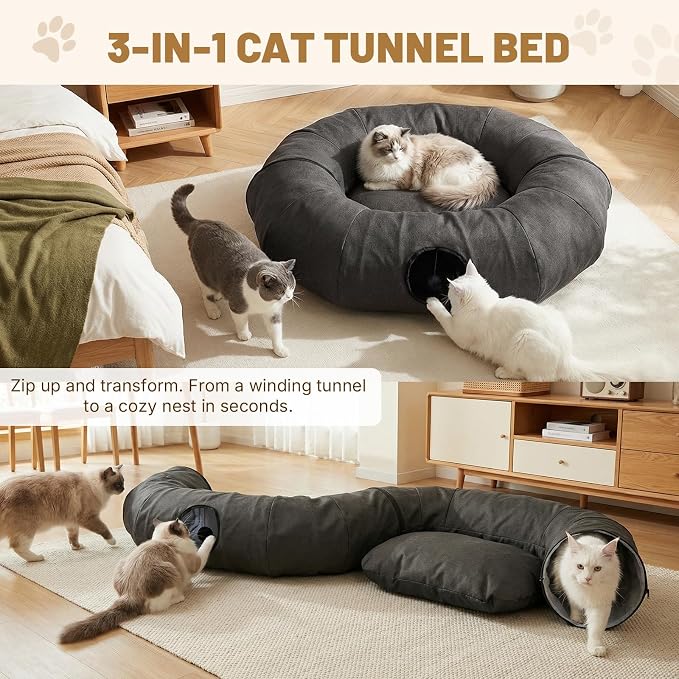 Extra Large Cat Tunnel, Cooling Natural Linen Big Tunnel for Large Cats, 47.2in Multi-Cat Family Long Cat Tunnel Bed with Washable Mat, Breathable & Durable Big Cat Tunnel for Cats, Dark Grey