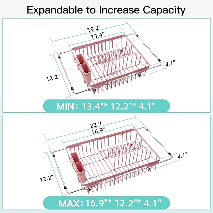 JASIWAY Pink Dish Drying Rack Over the Sink with Utensil Holder | Expandable Stainless Steel Dish Driainers for Small Kitchen, Counter Space Saving, Fast Drain, Rust Resistant, For Apartment