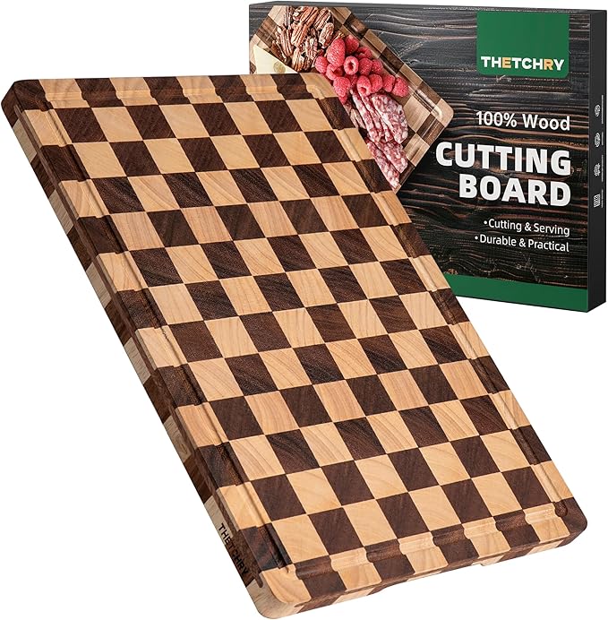 Cutting Boards for Kitchen, Checkered Wooden Chopping Board Structural Upgraded, Walnut Cutting Board with Juice Grooves & Handles, Butcher Block Serving Tray with Gift Box, 17"X 12"X 0.8"
