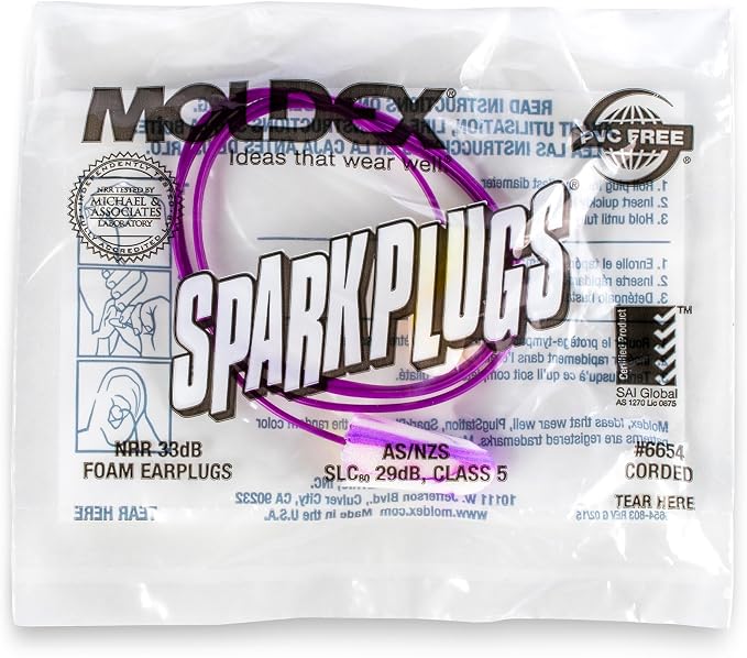 Moldex SparkPlugs® Corded Soft Foam Earplugs – Comfortable Disposable Ear Plugs for Hearing Protection, Noise Reduction, NRR 33dB, Individually Wrapped, 100 Pairs, 6654 | Disposable, NRR 33dB, Individually Wrapped, Model 6654