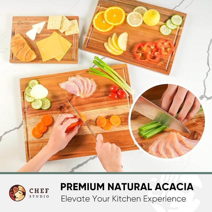 Acacia Wood Cutting Board (Set of 3) – Wooden Cutting Boards for Kitchen, Chopping and Serving, Non Plastic Bamboo Alternative, Hostess Gifts for Christmas, Thanksgiving, New Year